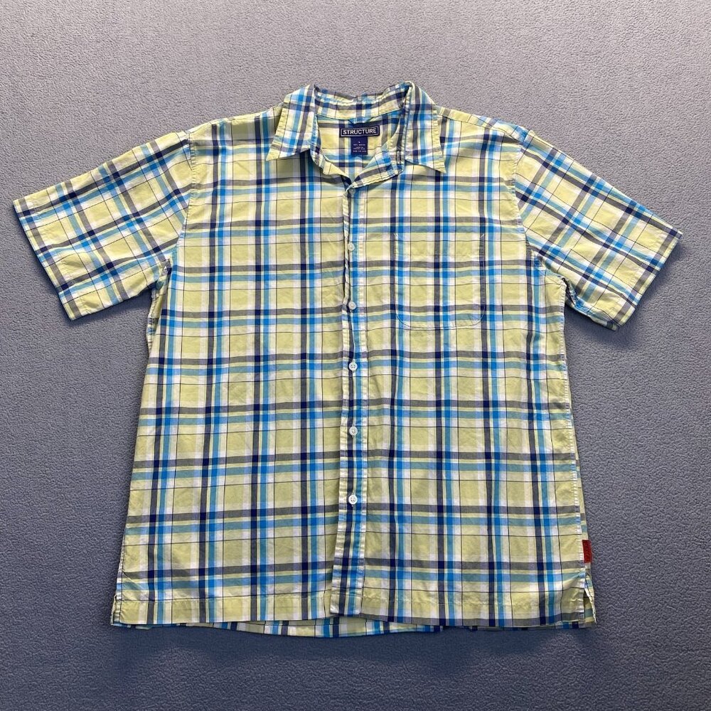 STRUCTURE Plaid Shirt Button Down Short Sleeve Mens Large‎ Classic Yellow Blue